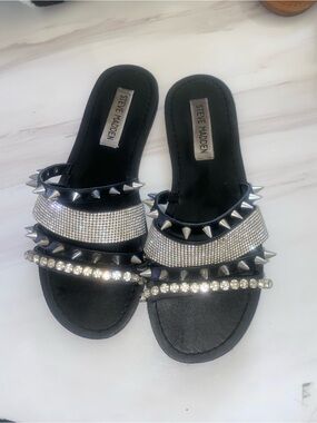 Steve Madden Black Slide Sandals with Silver Rhinestones & Spikes